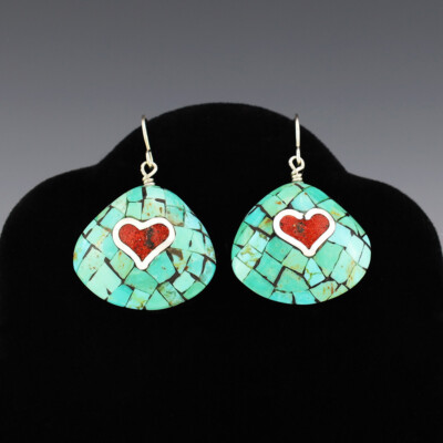 NATIVE AMERICAN KEWA TURQUOISE MOSAIC HEART EARRINGS BY AMBROSIO CHAVEZ