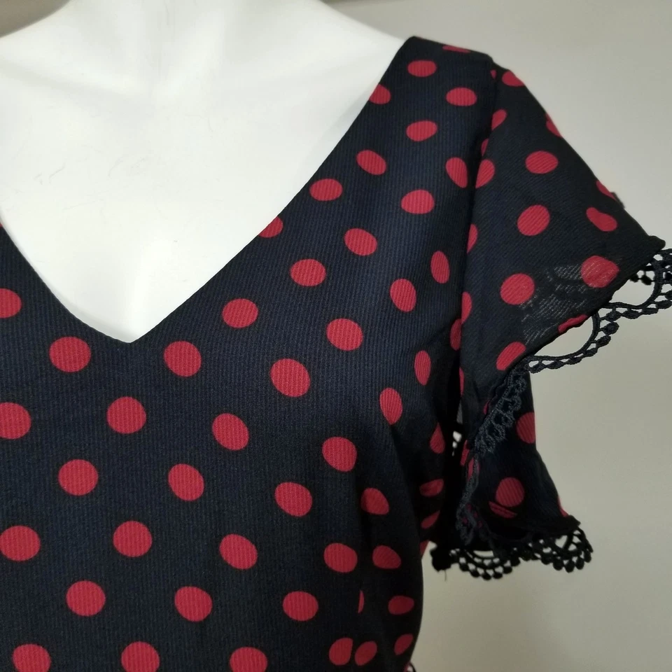 BB Dakota Dress 4 Navy Blue Red Polka Dot Lace V Pin Up Gothic Punk Alt Cosplay - Image 3 of 4