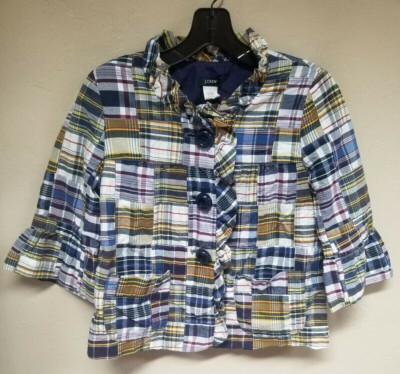 J.Crew Womens Size 0 Blue Patchwork Blazer Jacket Boho Lightweight Ruffle Sleeve