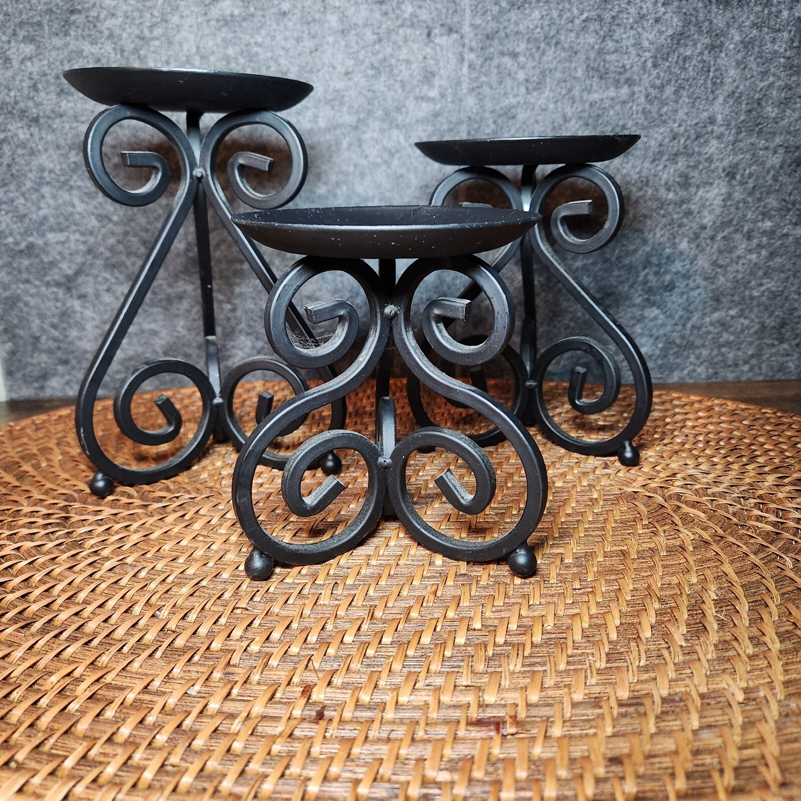 Metal Scroll Candle Holder Pillar Stand Set Of 3 Matching Black Iron 