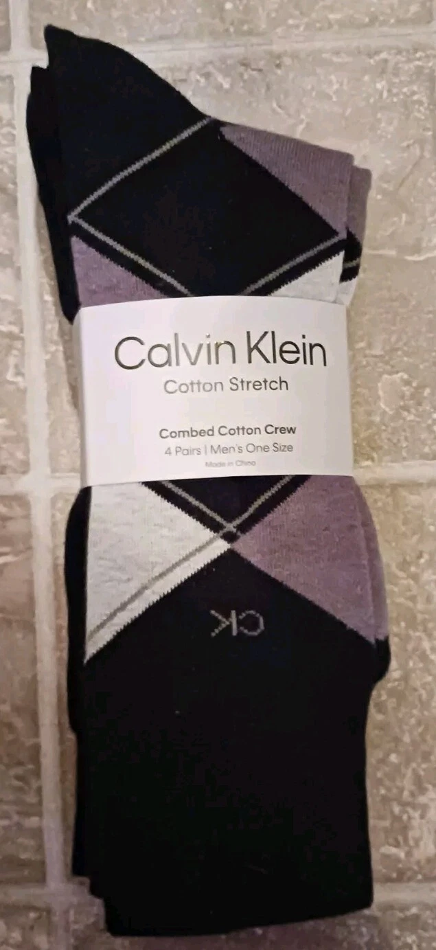 CALVIN KLEIN Logo 4 Pk Mens Crew Socks Combed Cotton 1 Argyle 3 Black One Size