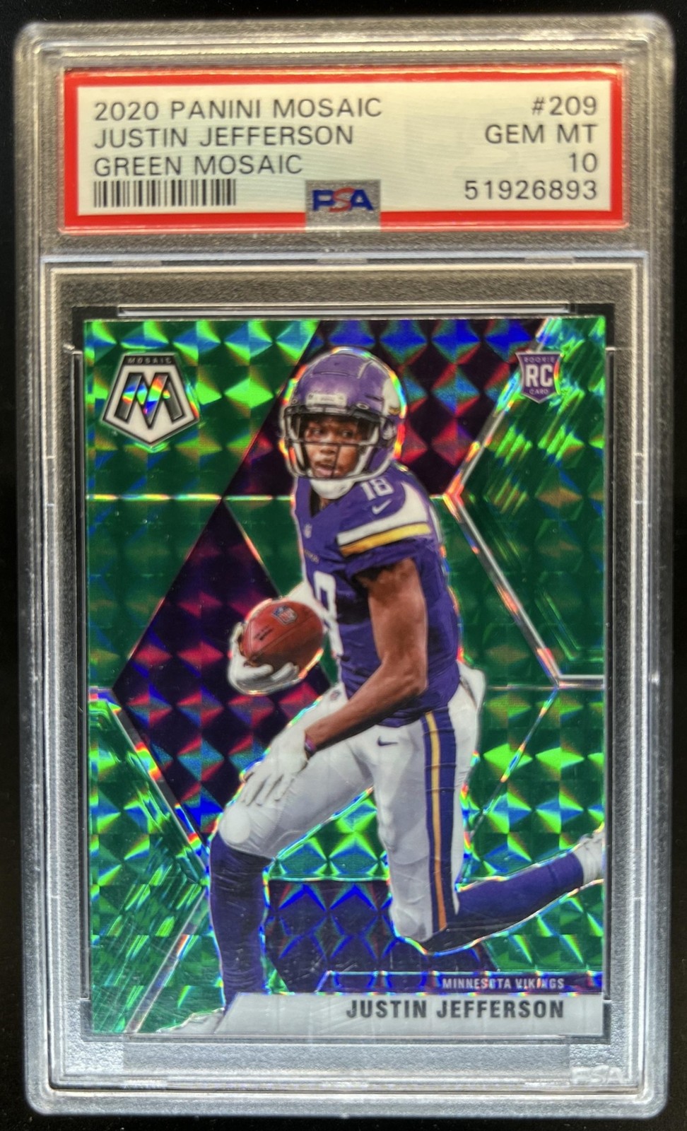 2020 Panini Mosaic Justin Jefferson Prizm Green Rookie RC #209 Vikings PSA 10 view 1