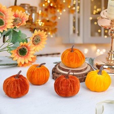 Set of 5 Velvet Pumpkin Decorations for Fall Autumn Home Display 7x7cm