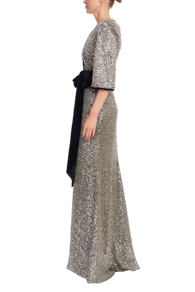 Badgley Mischka Sequin Velvet Sash V-Neck Gown $750 Silver Modest Long Sleeve *4 - Image 2 of 4