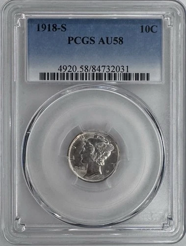 1918-S 10C PCGS AU58 1918 S MERCURY DIME SILVER 10c