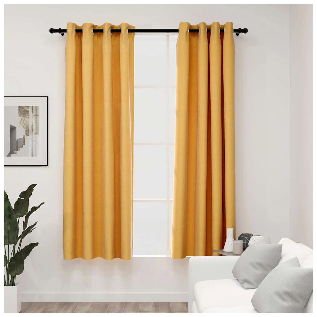 Blackout Curtains Yellow 140x175cm 2pcs Linen-Look Polyester Grommet Top Thermal