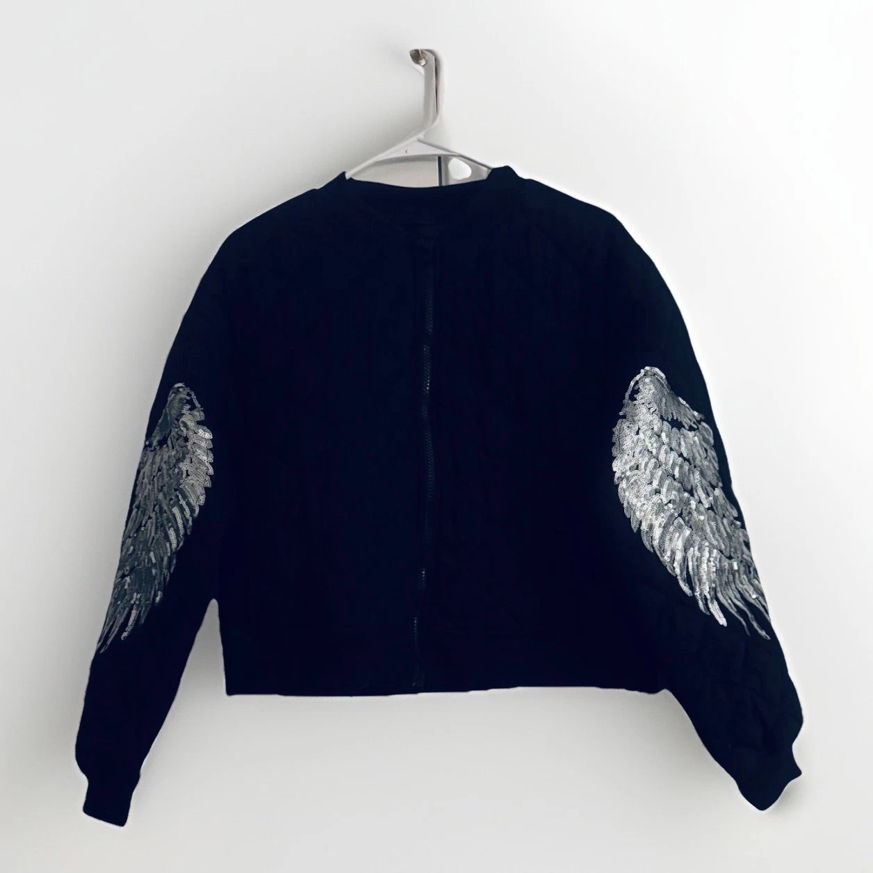 Black Zip Short Jacket with Silver Sequined Wing Accents for Women Size L