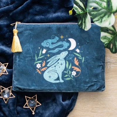 SOMETHING DIFFERENT Midnight Moon Gazing Hare & Gold Tassel Lined Velvet Wicca Pagan Make Up Bag