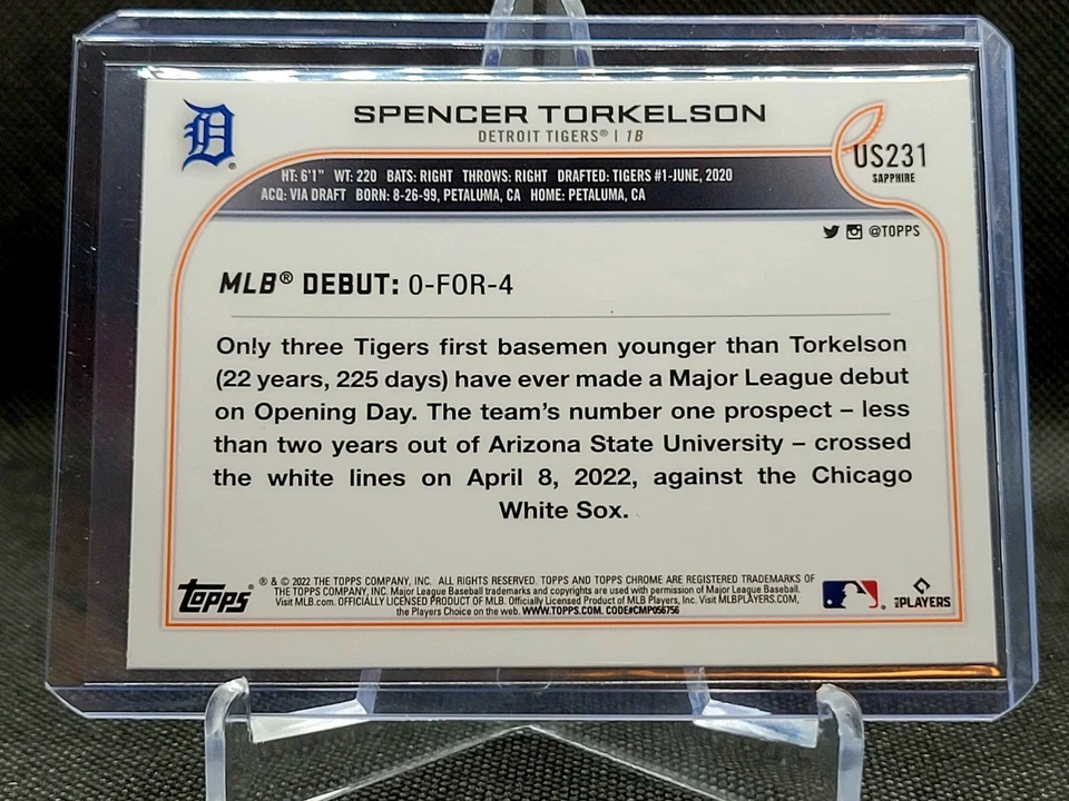 2022 Topps Chrome Update Sapphire US231 SPENCER TORKELSON Rookie Debut Tigers - Image 2 of 2