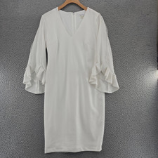 Calvin Klein Dress Womens 6 White Shift 3/4 Bell Sleeve Mini Stretch Lace V Neck