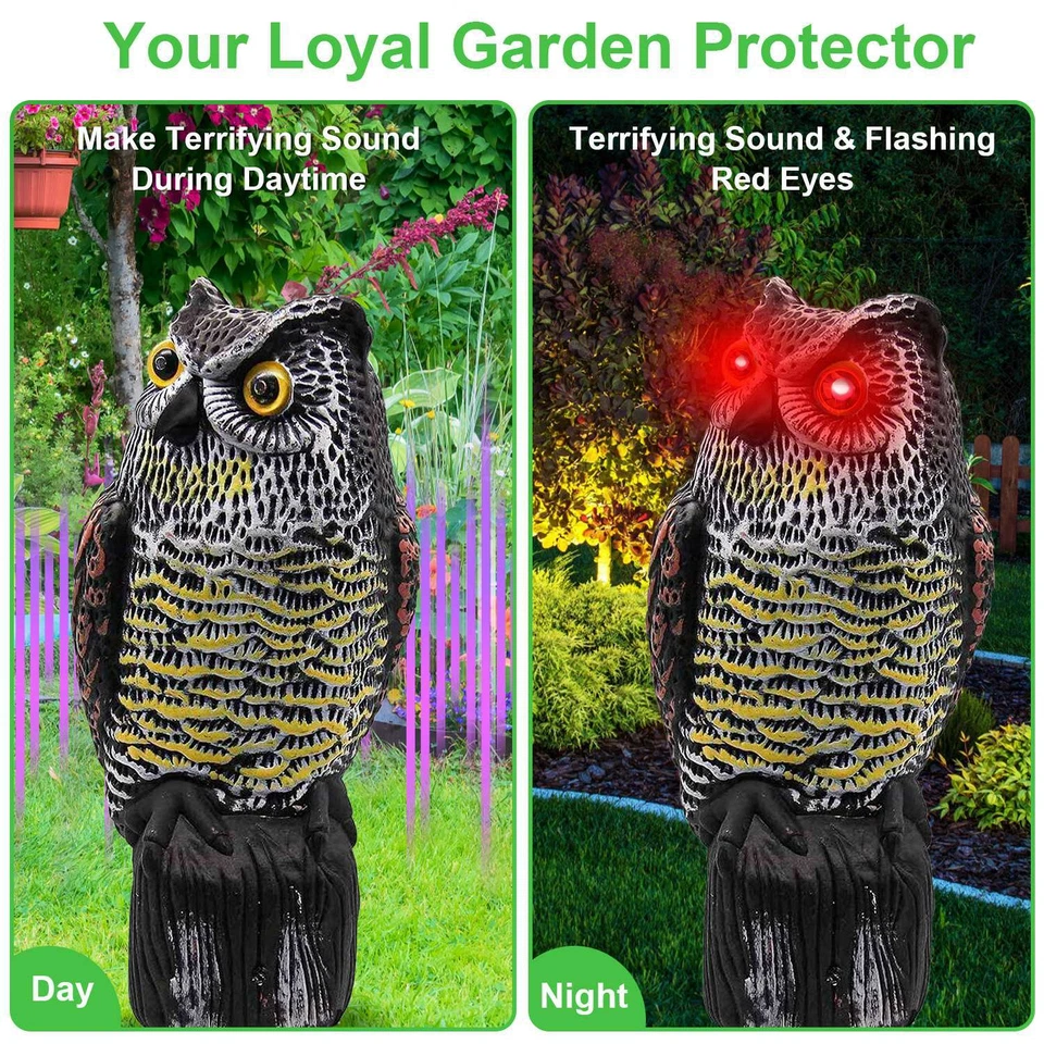 Solar Owl Decoy with Flashing Eye Hoot Sound Infrared Sensor Scare Bird Away - Image 2 of 4