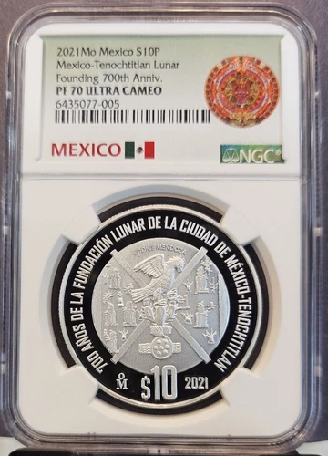2021 MEXICO SILVER 10 PESOS TENOCHTITLAN LUNAR FOUNDING NGC PF 70 ULTRA CAMEO