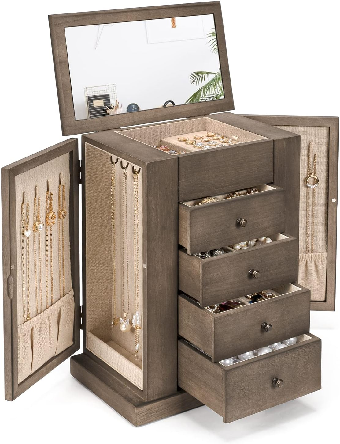 5-Layer Large Wood Jewelry Box Organizer for Women with Necklace Display-image