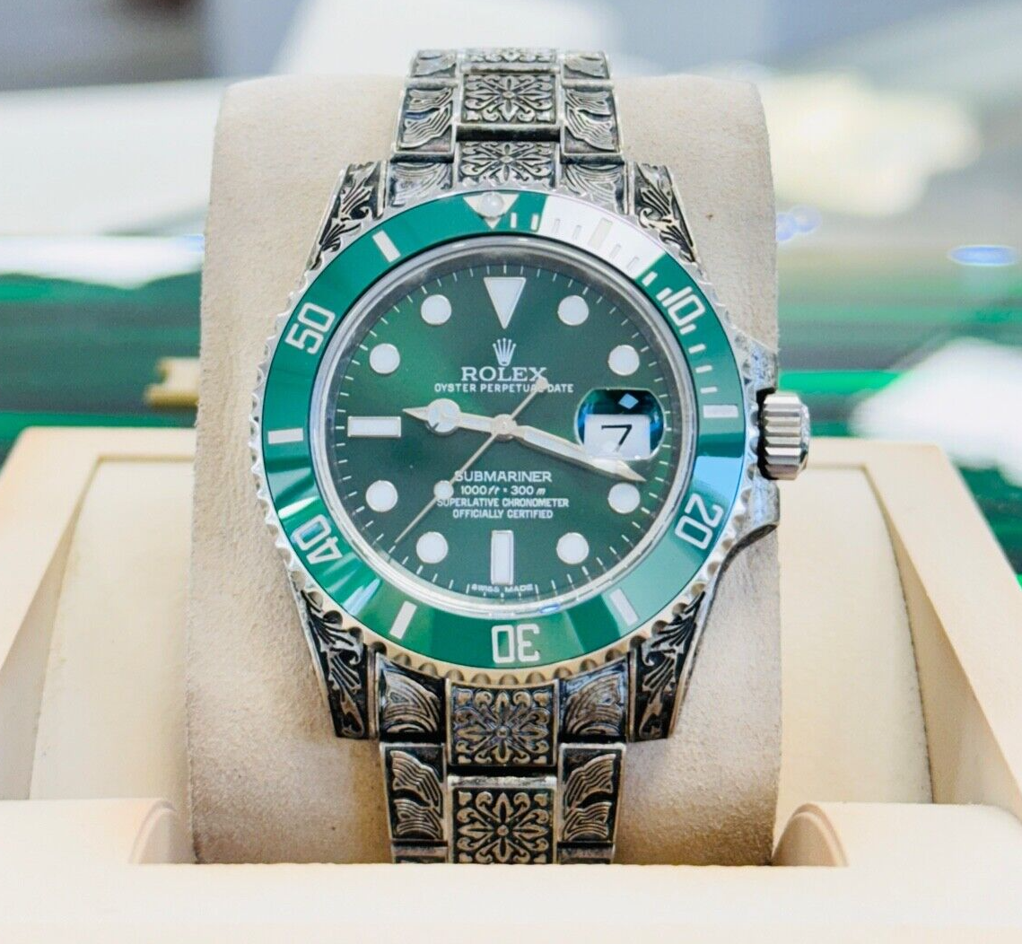 Rolex Submariner 116610LV Silver Oyster Bracelet Green Bezel Custom Engraved