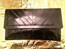 Genuine EEL SKIN LEATHER BLACK Clutch Handbag with Detachable Strap NWOT