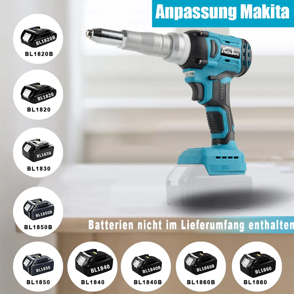 18V Makita Akku Nietpistole Elektrisch Blindnietgerät Popnietenzange 20000N - Bild 4 von 4