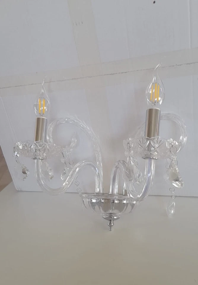Applique in vetro cristallo tipo Murano 2 luci trasparente cromata lampada muro - Immagine 3 di 3