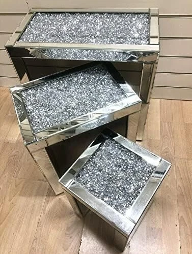 Crushed Diamond Coffee Table Nest Set Mirrored Silver Glass Wood Rectangular - Image 3 of 4