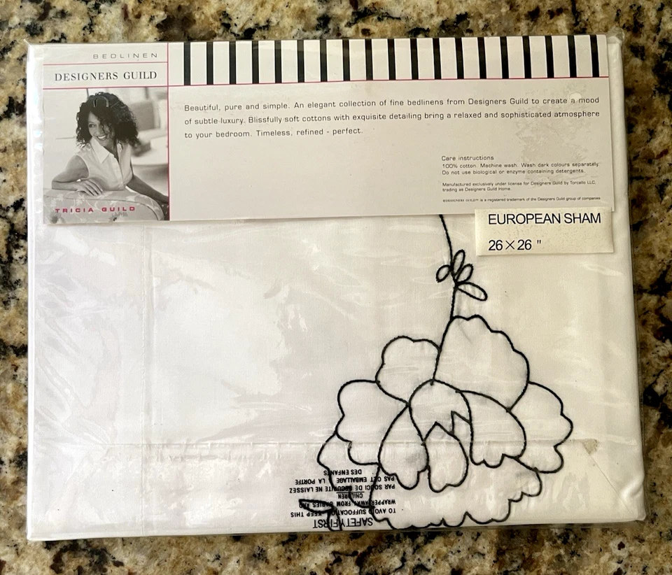 Designers Guild Bedlinen White Euro Sham Black Floral Embroidery 7 Available New - Image 3 of 4