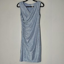 Cache Icy Blue Metallic Draped V Neck Midi Cocktail Dress Womens 6 Y2K Glam