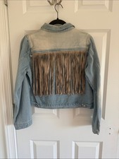 NWT Savanna Jane Faded Light Blue Denim Jacket Fringe Back Size Medium