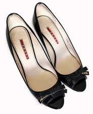 Prada Black Patent Leather Peep-Toe Pumps with Logo Bow – EU 37