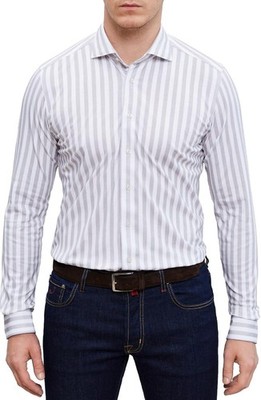 NWT Emanuel Berg Albini 4Flex Shirt Size S EU38/US 15 Gray/Cream Stripe MSRP$298