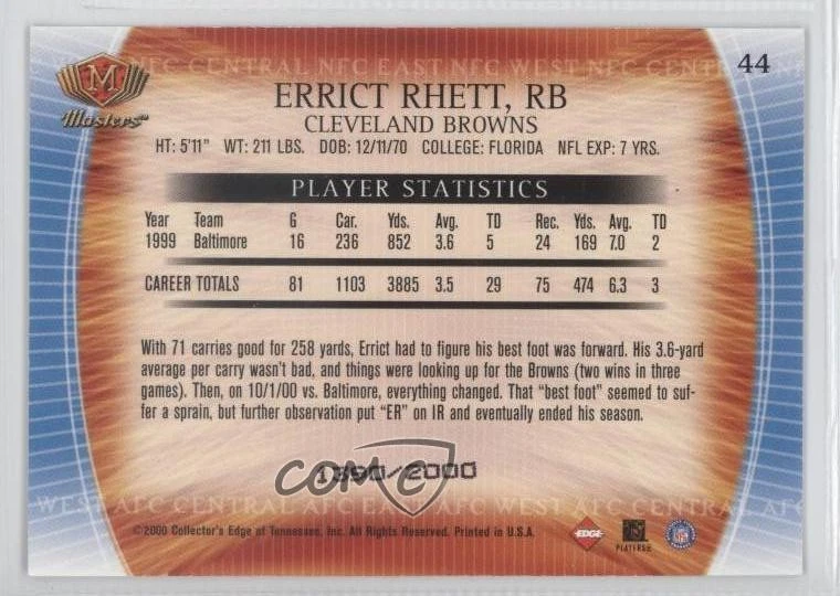 2000 Collector's Edge Masters /2000 Errict Rhett #44 - Image 2 of 2
