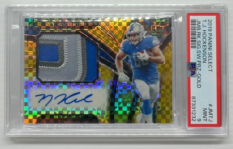 TJ Hockenson Panini Select Jumbo Rookie Signature Swatch Prizm #JMTJ Gold