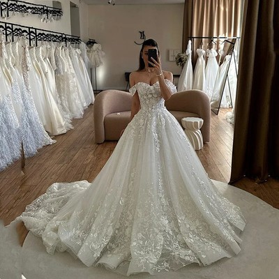 A-line Lace Appliques Wedding Dress Off Shoulder Sweetheart Backless Bride Gown