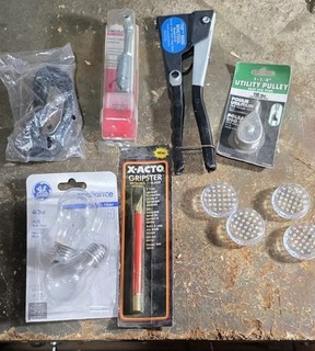 Miscellaneous Tools Lot Bulbs Strap X ACTO knife Rivetool Utility Pully Etc