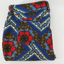 Soho Apparel Ltd Women 12 Blue Red Baroque Scarf Print Straight Pants Stretch