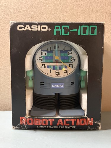 Vintage Casio AC-100 Robot Stomping Action Alarm Clock Blue