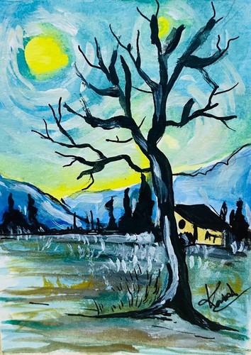 ACEO Landscape Painting Night Sky Tree House Mountains Acrylic Painting Card ART