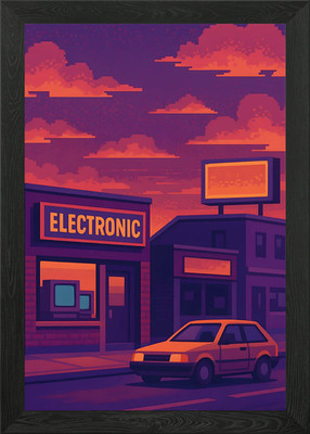 Pixel Art Electronic Store at Sunse Gerahmtes Wandbild Poster Leinwanddruck Bild
