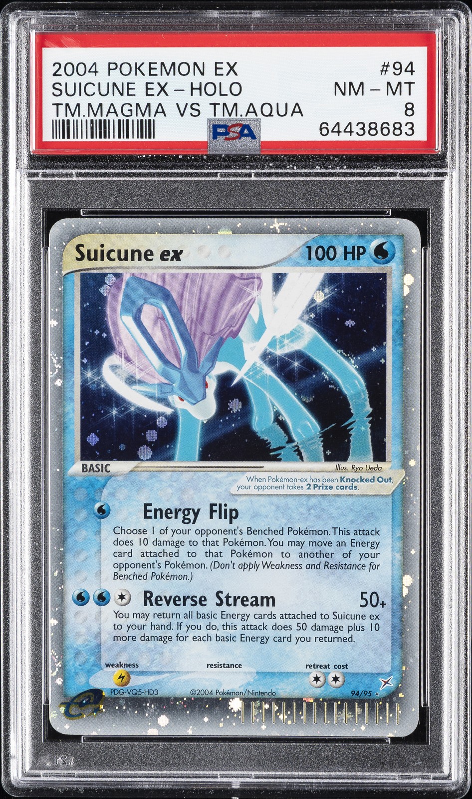 2004 POKEMON EX TEAM MAGMA VS TEAM AQUA #94 SUICUNE EX-HOLO PSA 8