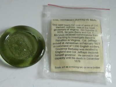 New Jamestown Glass 17th Century Col Herbert Jeffreys VA 1676 Glass Wine Seal 