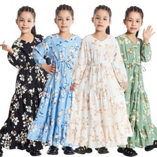 Muslim Girls Long Sleeve Kaftan Floral Print Islamic Maxi Dress Kids Abaya Party