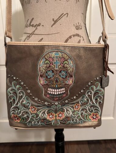 Montana West Concealed Carry Sugar Skull Medium Size Tan Crossbody Purse - Picture 1 of 20