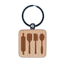Kitchen Utensils Baking Cooking Engraved Wood Square Keychain Tag Charm