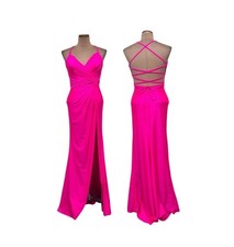 NWT La Femme Formal Maxi Dress Size 0 Neon Hot Pink Knotted Corset Back Gown