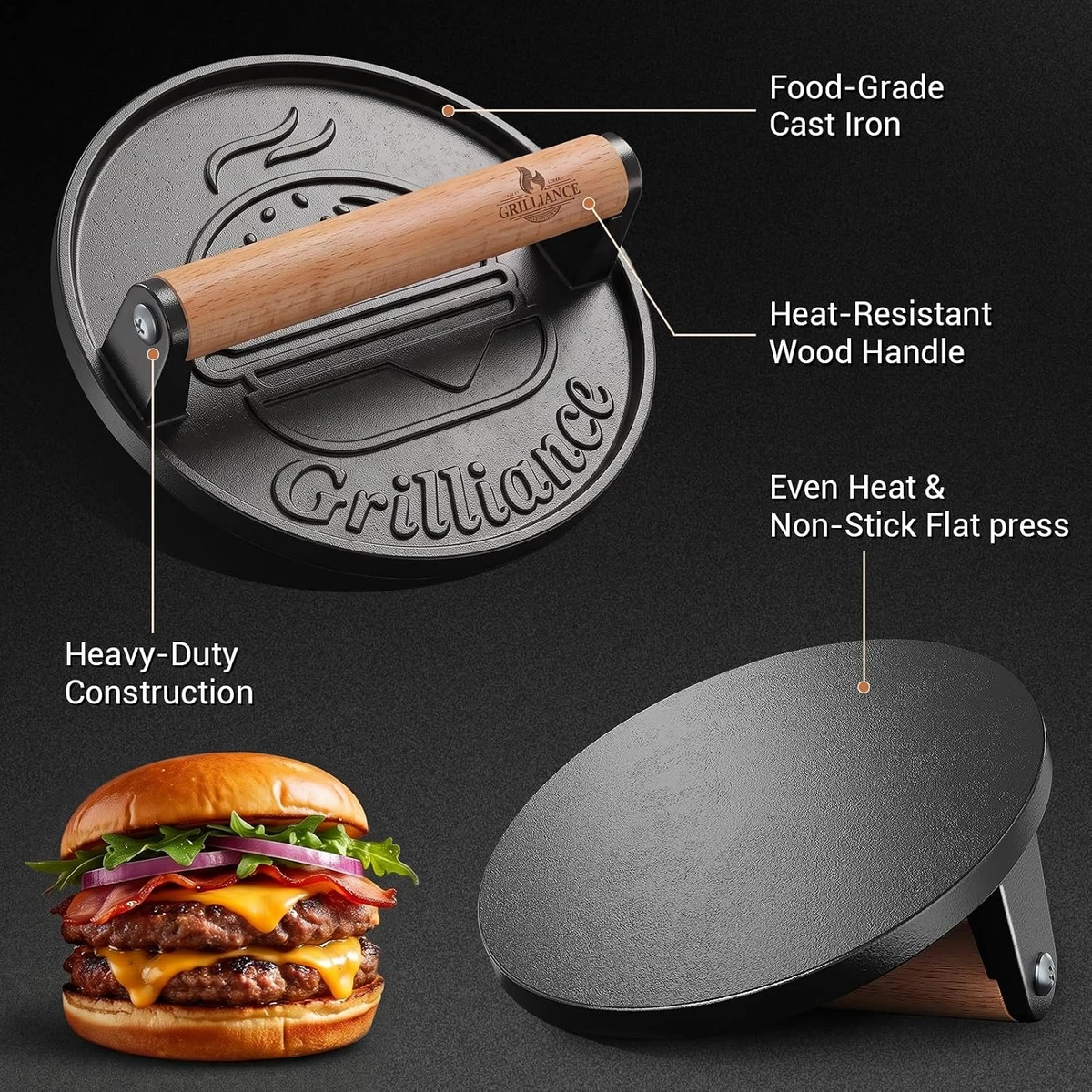 Kit de prensa de hamburguesas Smash, triturador de hamburguesas redondo plano de hierro fundido 6,6"