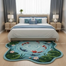 Irregular 6X6 Hand-Tufted Wool Carpet Multicolor Koi Fish Design Modern Area Rug