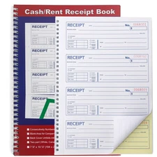 Money and Rent Receipt Book 2-Part Carbonless 7-5/8 x 11 Spiral Bound 200 Set...