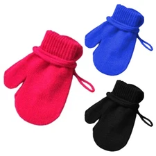 Kids Toddlers Thermal Gloves Mittens Winter Warm Thick Knitted Gloves w String 