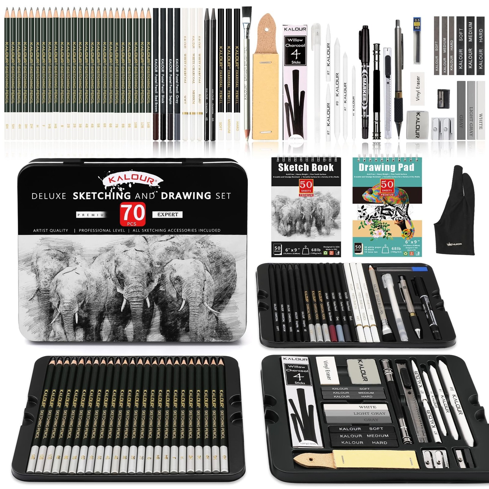 KALOUR 72-Pack Sketch Drawing Pencils Kit with Sketchbook an