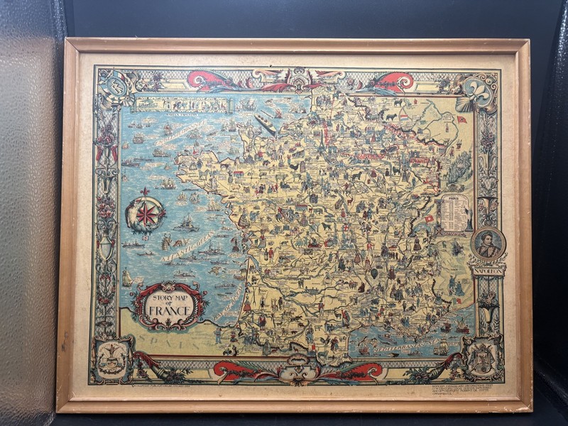 Vintage Story Map of France Framed Mounted on Board Colortext Publications 1936