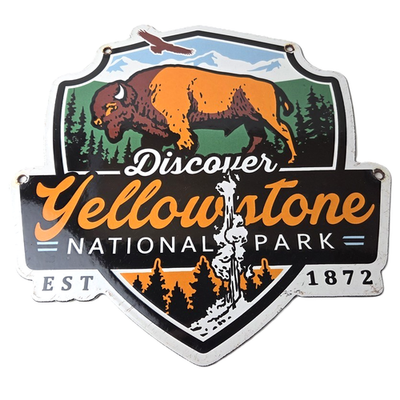 #ad #ad Vintage Yellowstone National Park Porcelain Sign Bison Geyser Shield Sign $142.47