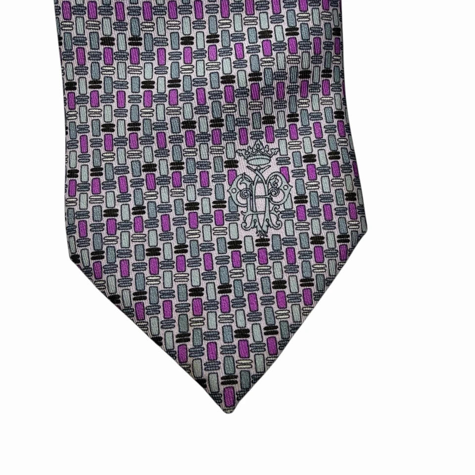 Gravata Emilio Pucci masculina recente geométrica roxa cetim seda 3 3/8" (L) x 61,5" (L) - Imagem 4 de 4