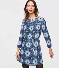 LOFT MULTICOLOR MEDALLION TIE WAIST BOHO SHIFT MINI SWING DRESS SIZE: M NWT